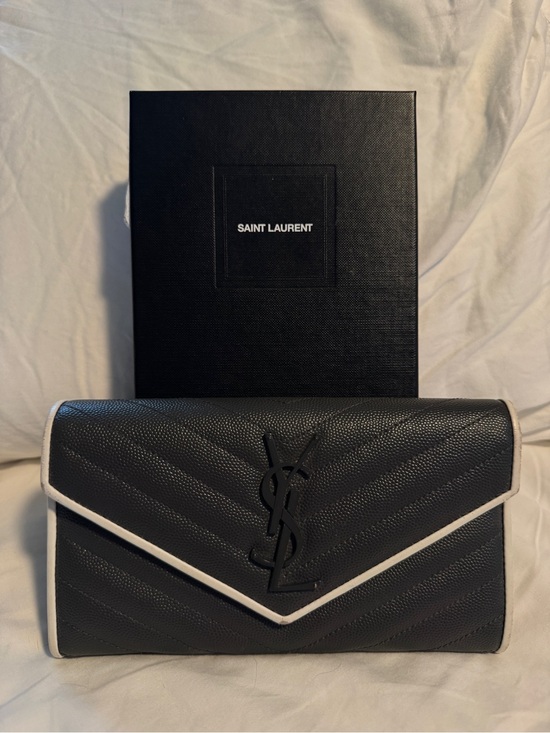 Saint Laurent Handbags - Saint Laurent Black Leather Long Wallet with White Trim